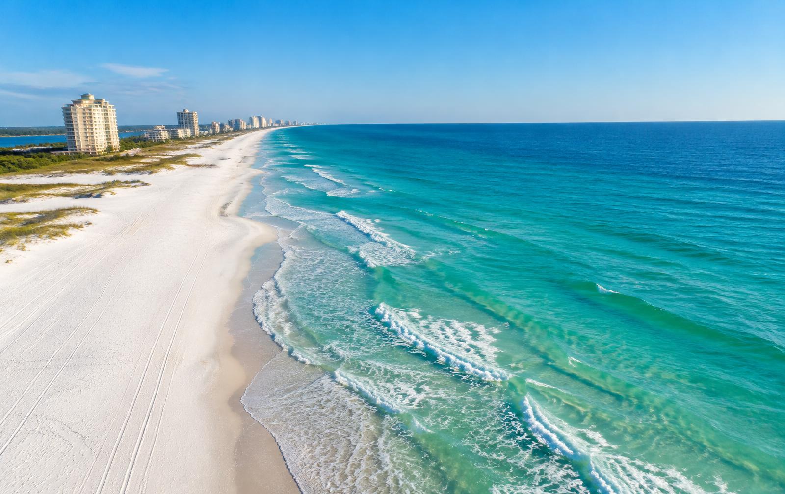 White-sand shoreline and turquoise Gulf waters at Orange Beach
